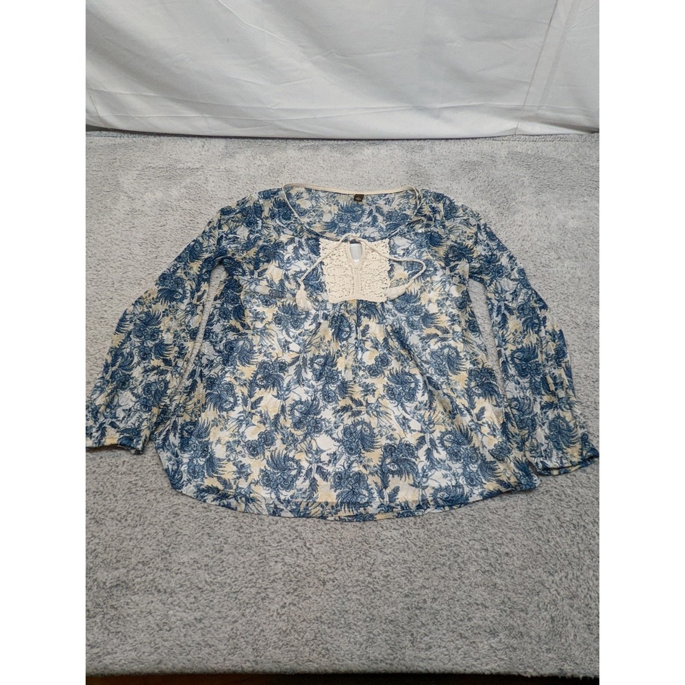 Boho Floral Lace Peasant Blouse Womens L Sheer Blue Beige Long Sleeve Top w/Cami
